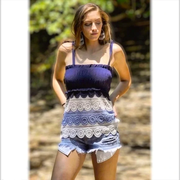 Lulumari Blue & Cream Bow Tie Strap Crochet Lace Top - Picture 9 of 9